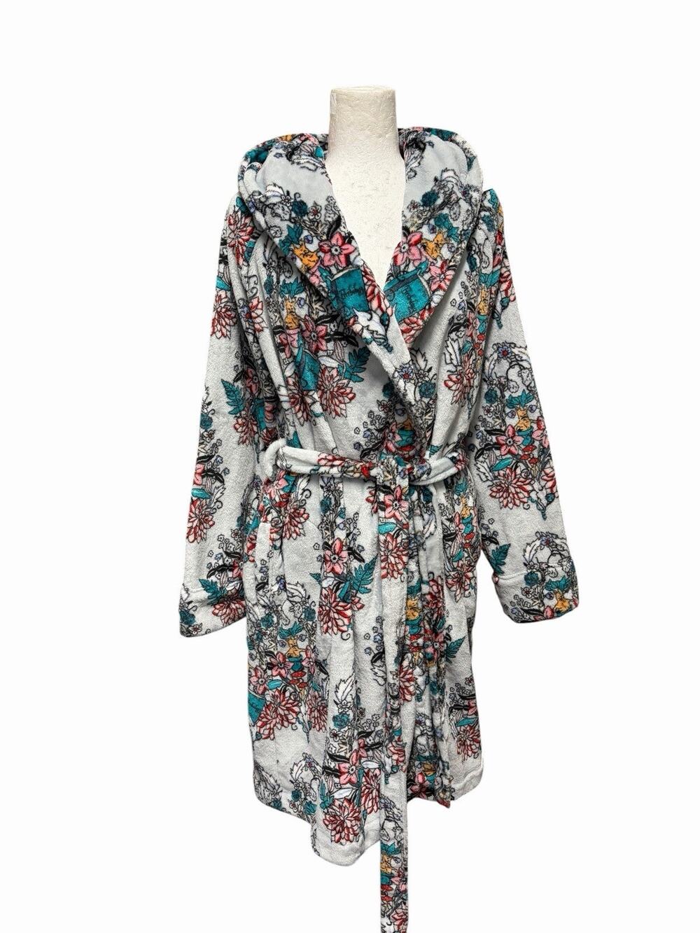 Harry Potter Vera Bradley Herbology Floral Fleece Hooded Robe Cozy Grey L/XL